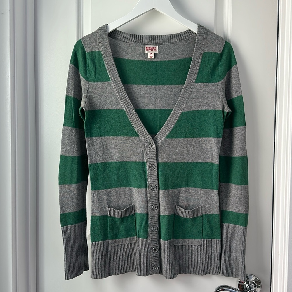Green And Gray Striped Long Cardigan Sweater